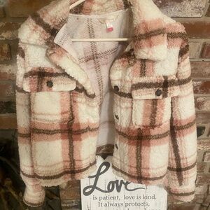 No Boundaries Plaid Teddy Jacket - Cream and Brown